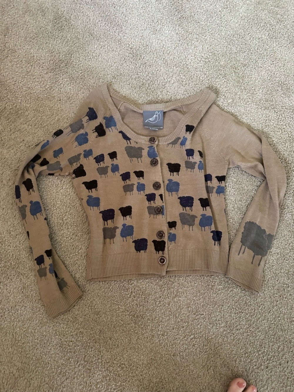Knitted Dove Women’s Large Sheep-Print Beige Button-Front Cardigan